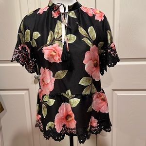 Kate Spade drop waist floral blouse in linen/silk with embroidered edging